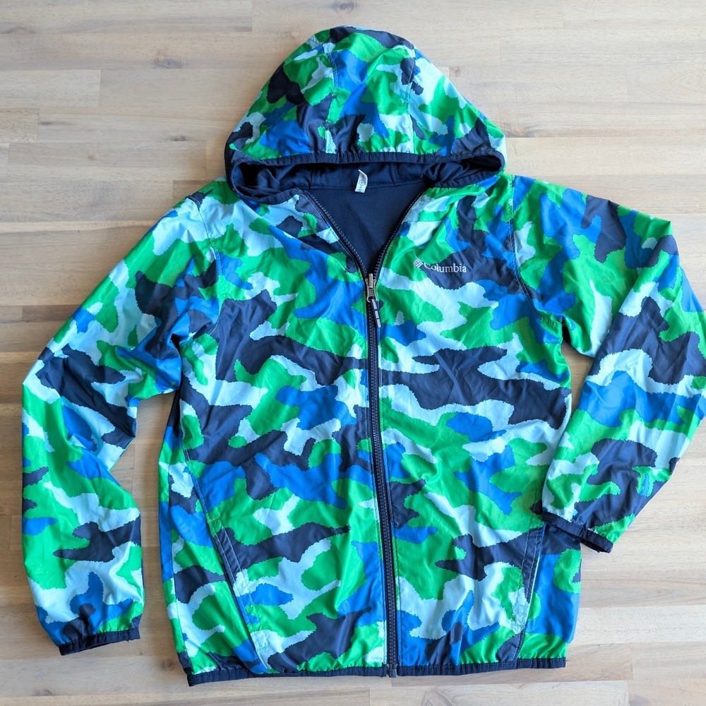 Columbia Reversible Hooded Windbreaker Jacket Boys Medium‎ 10/12 Green Blue Camo